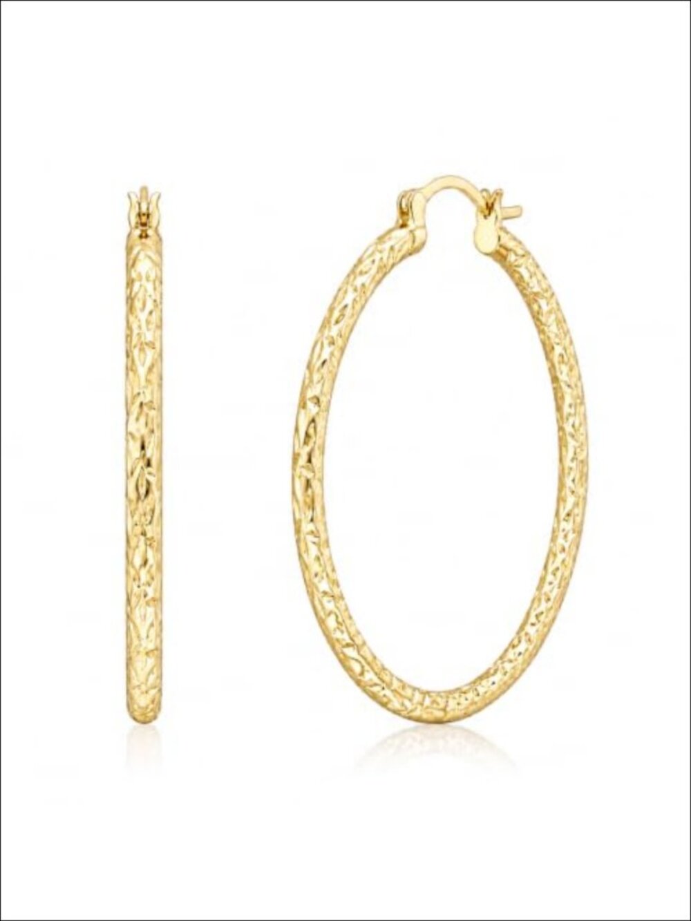 14K Gold Hoop Earrings Textured Engraved Leaf Women Everyday Gift